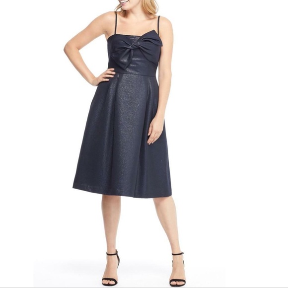 NEW GAL MEETS GLAM Shimmery NAVY Lucille STARRY NIGHT Fit & Flare BOW DRESS 4 - Picture 12 of 14